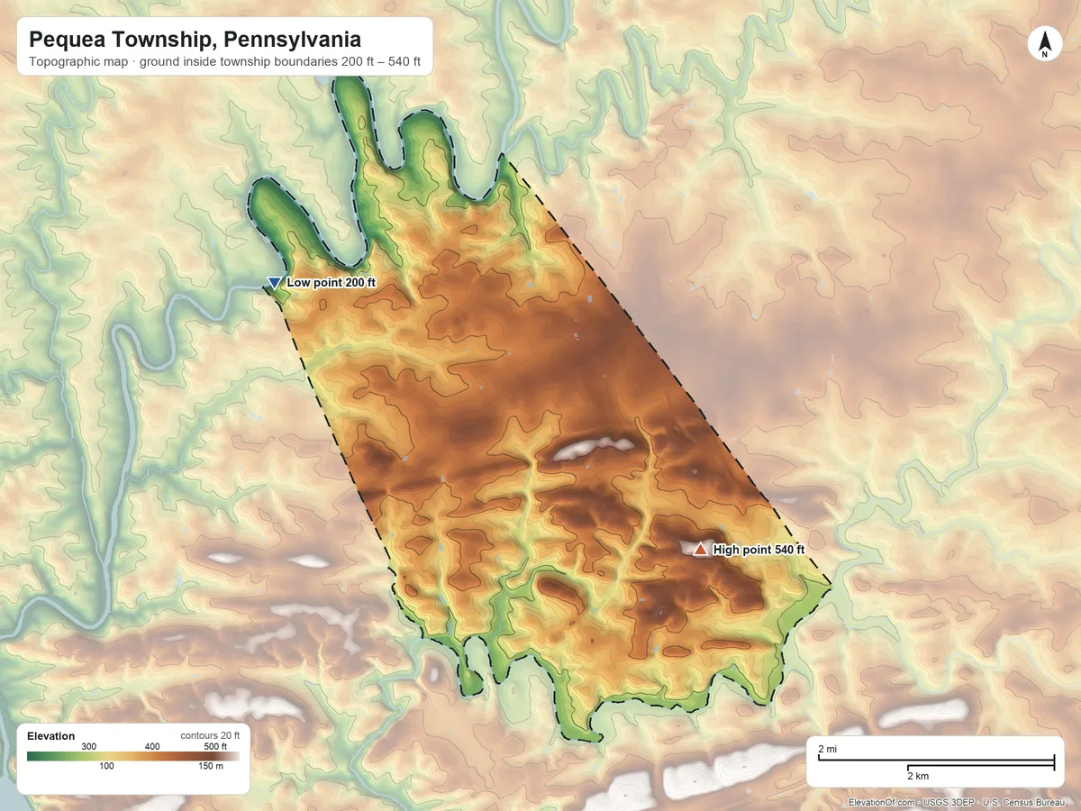 Topographic elevation map of Pequea Township, Pennsylvania, shaded from 200 ft on the northwest side to 540 ft on the southeast side