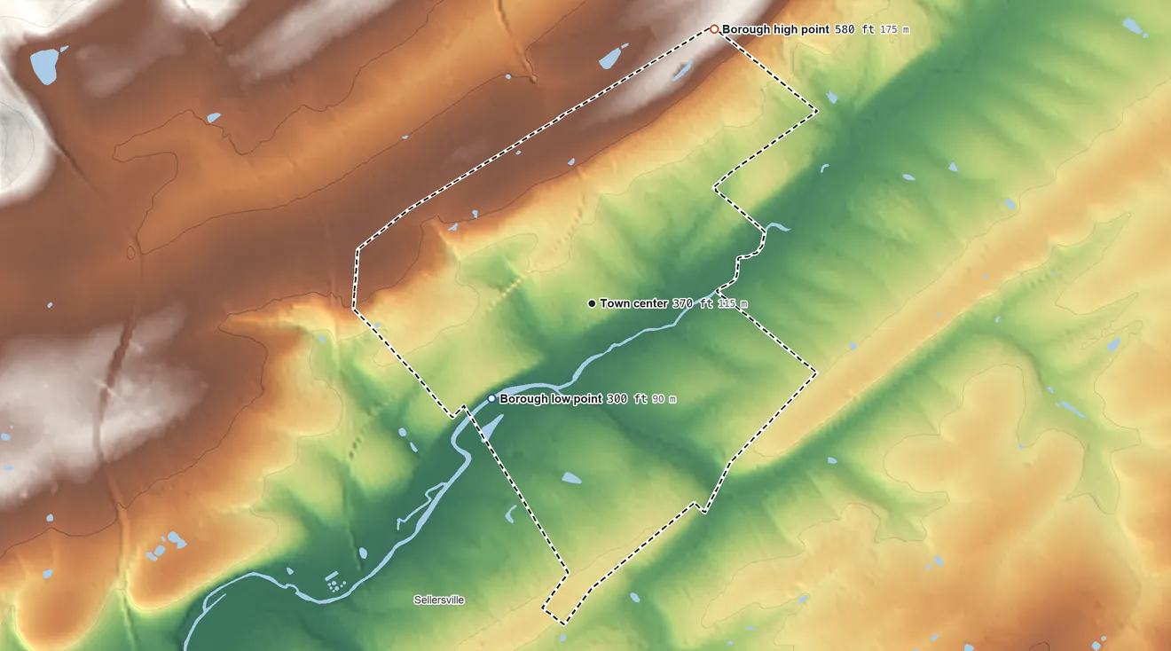 Topographic elevation map of Perkasie, Pennsylvania, shaded from 300 ft on the southwest side to 580 ft on the northeast side