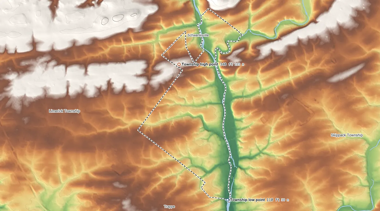Topographic elevation map of Perkiomen Township, Pennsylvania, shaded from 110 ft on the southeast side to 340 ft on the north side