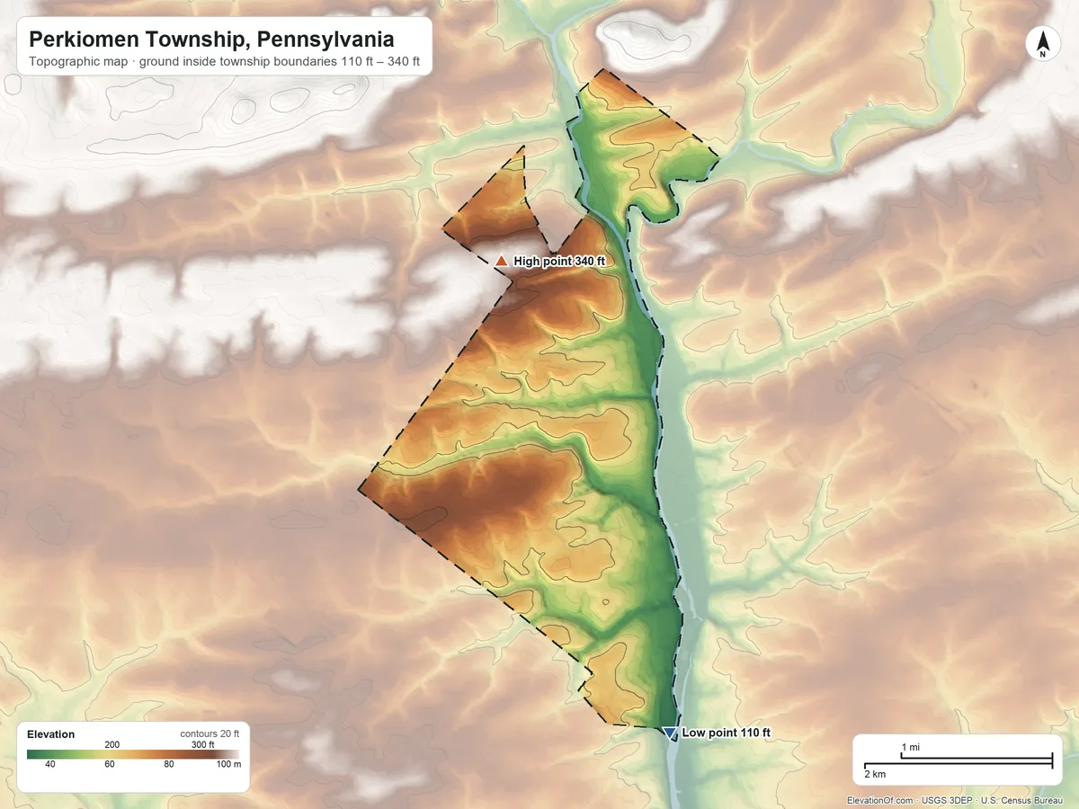 Topographic elevation map of Perkiomen Township, Pennsylvania, shaded from 110 ft on the southeast side to 340 ft on the north side