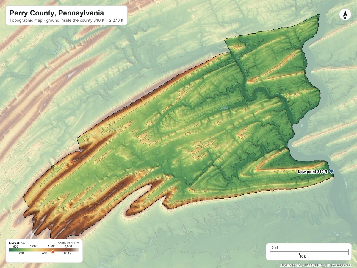 Topographic elevation map of Perry County, Pennsylvania, shaded from 310 ft on the east side to 2,270 ft on the southwest side