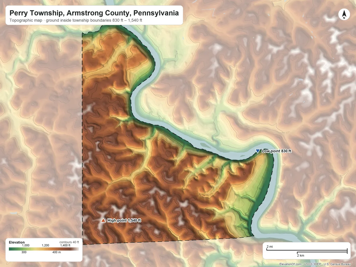 Topographic elevation map of Perry Township, Armstrong County, Pennsylvania, shaded from 830 ft on the northeast side to 1,540 ft on the west side