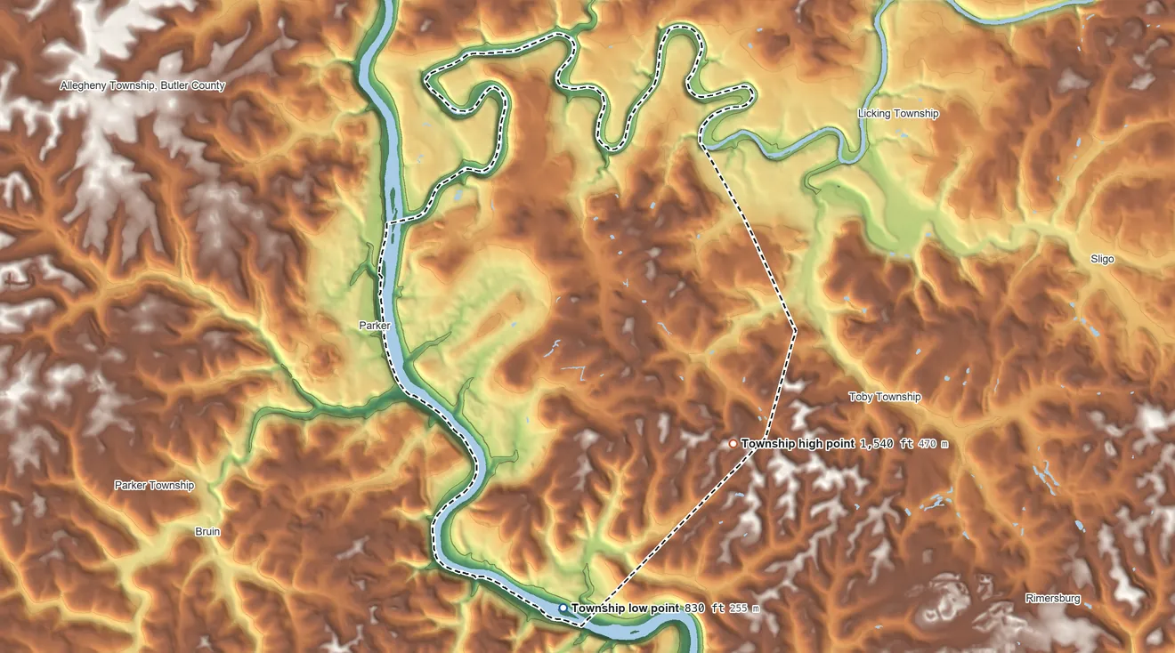 Topographic elevation map of Perry Township, Clarion County, Pennsylvania, shaded from 830 ft on the south side to 1,540 ft on the southeast side