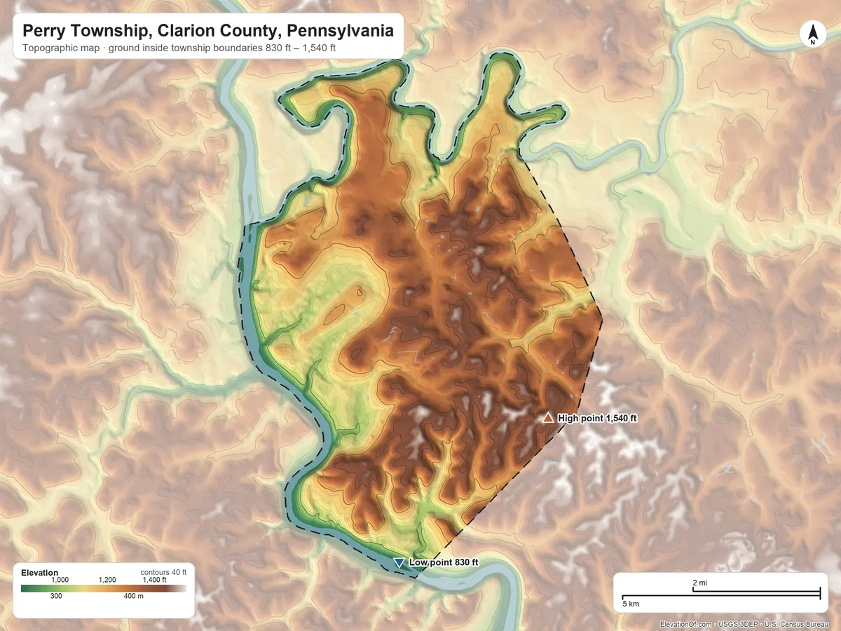 Topographic elevation map of Perry Township, Clarion County, Pennsylvania, shaded from 830 ft on the south side to 1,540 ft on the southeast side