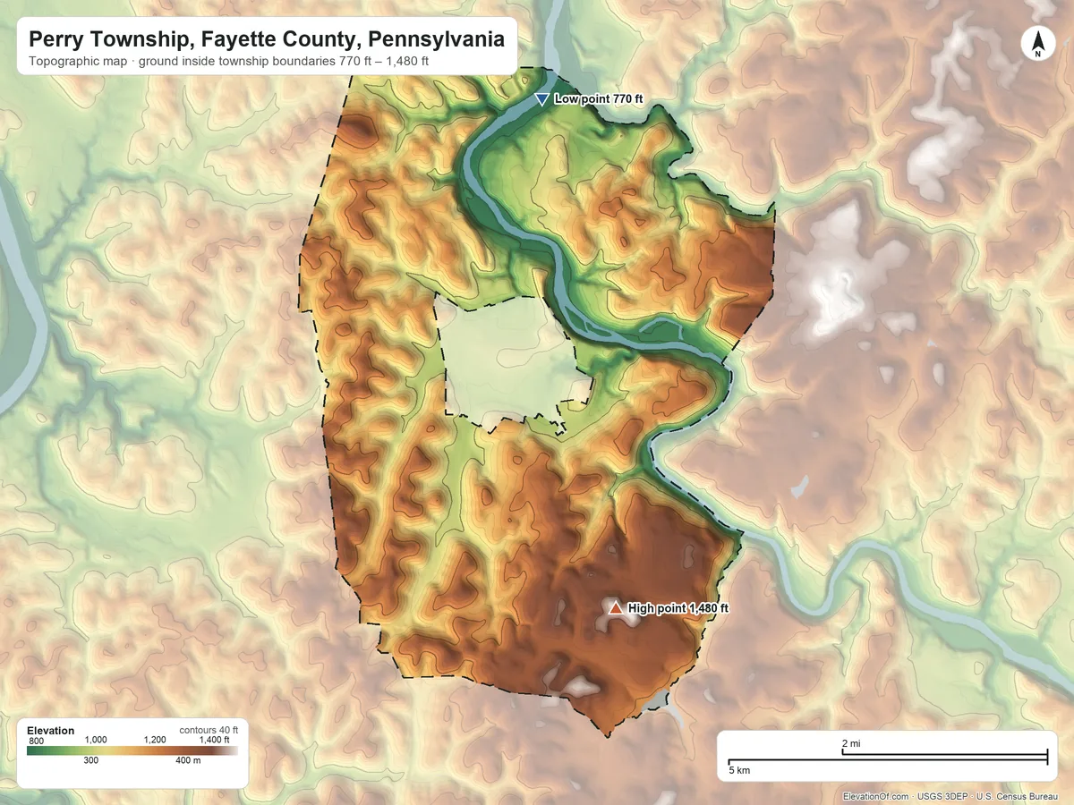Topographic elevation map of Perry Township, Fayette County, Pennsylvania, shaded from 770 ft on the north side to 1,480 ft on the southeast side