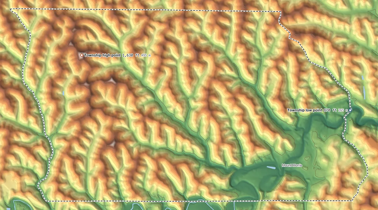 Topographic elevation map of Perry Township, Greene County, Pennsylvania, shaded from 870 ft on the east side to 1,630 ft on the northwest side