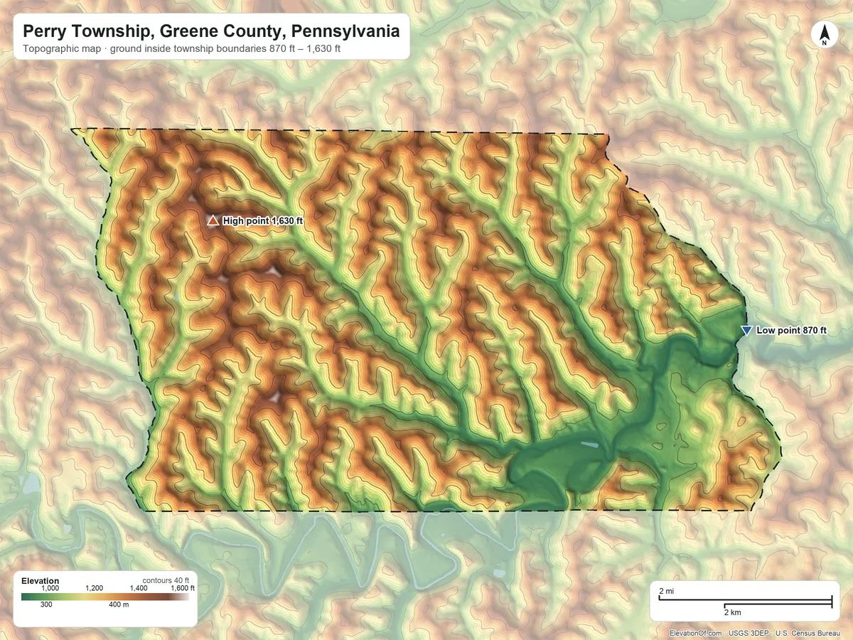 Topographic elevation map of Perry Township, Greene County, Pennsylvania, shaded from 870 ft on the east side to 1,630 ft on the northwest side