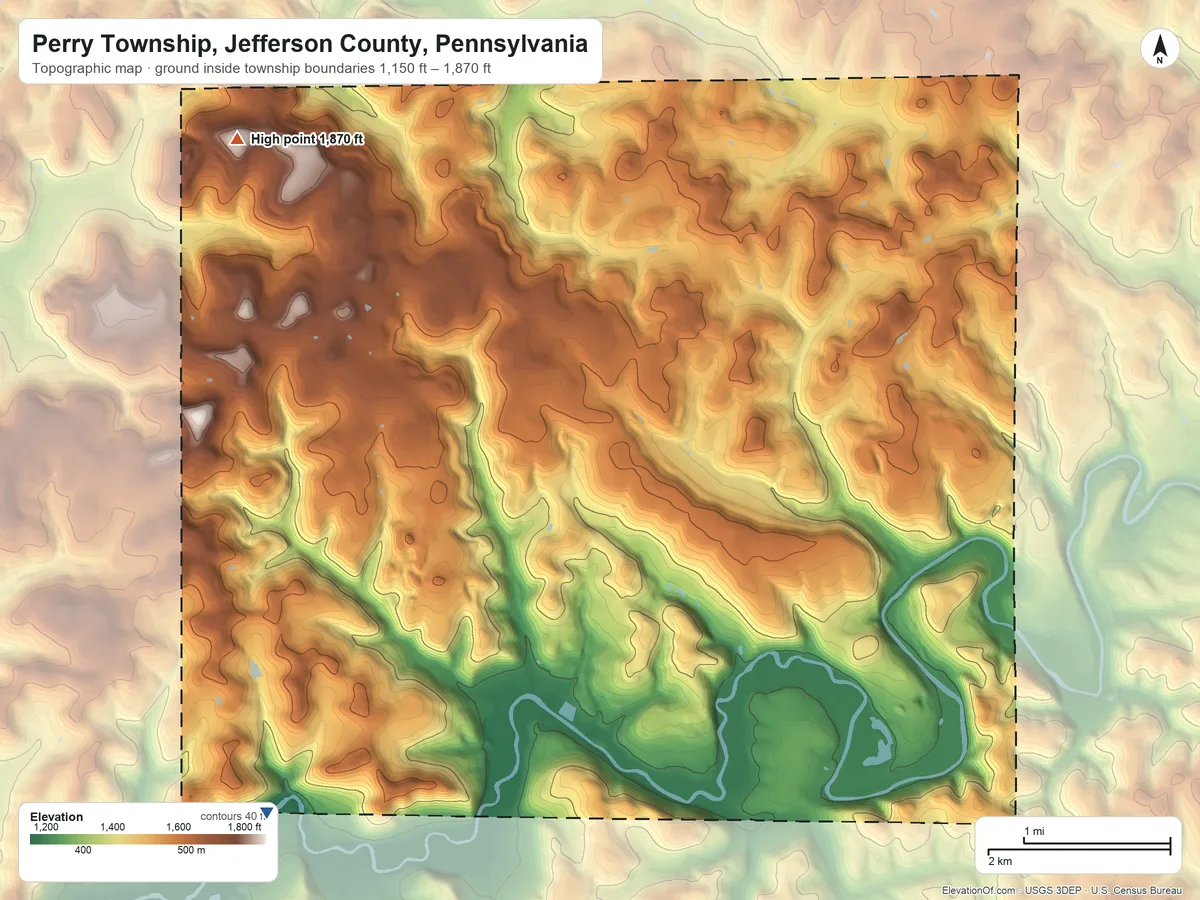 Topographic elevation map of Perry Township, Jefferson County, Pennsylvania, shaded from 1,150 ft on the southwest side to 1,870 ft on the northwest side