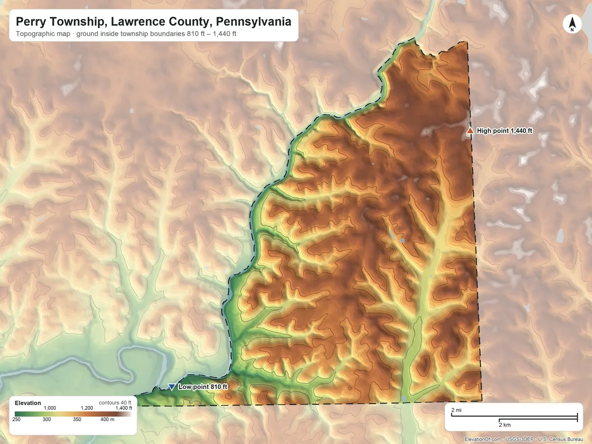Topographic elevation map of Perry Township, Lawrence County, Pennsylvania, shaded from 810 ft on the southwest side to 1,440 ft on the northeast side