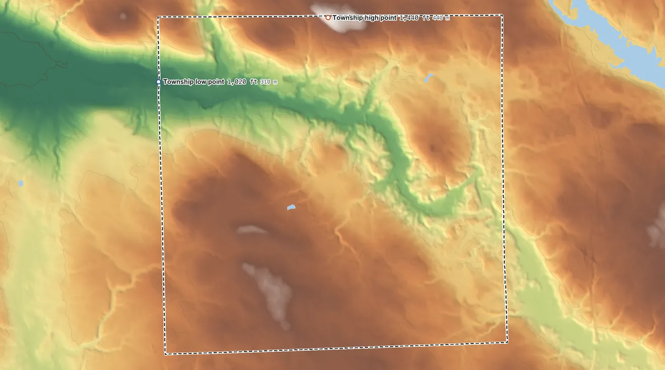 Topographic elevation map of Perry Township, Mercer County, Pennsylvania, shaded from 1,020 ft on the northwest side to 1,440 ft on the north side