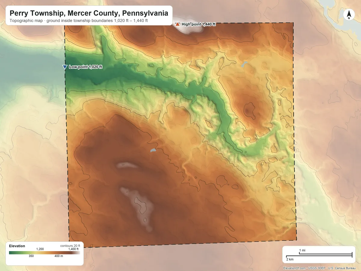 Topographic elevation map of Perry Township, Mercer County, Pennsylvania, shaded from 1,020 ft on the northwest side to 1,440 ft on the north side