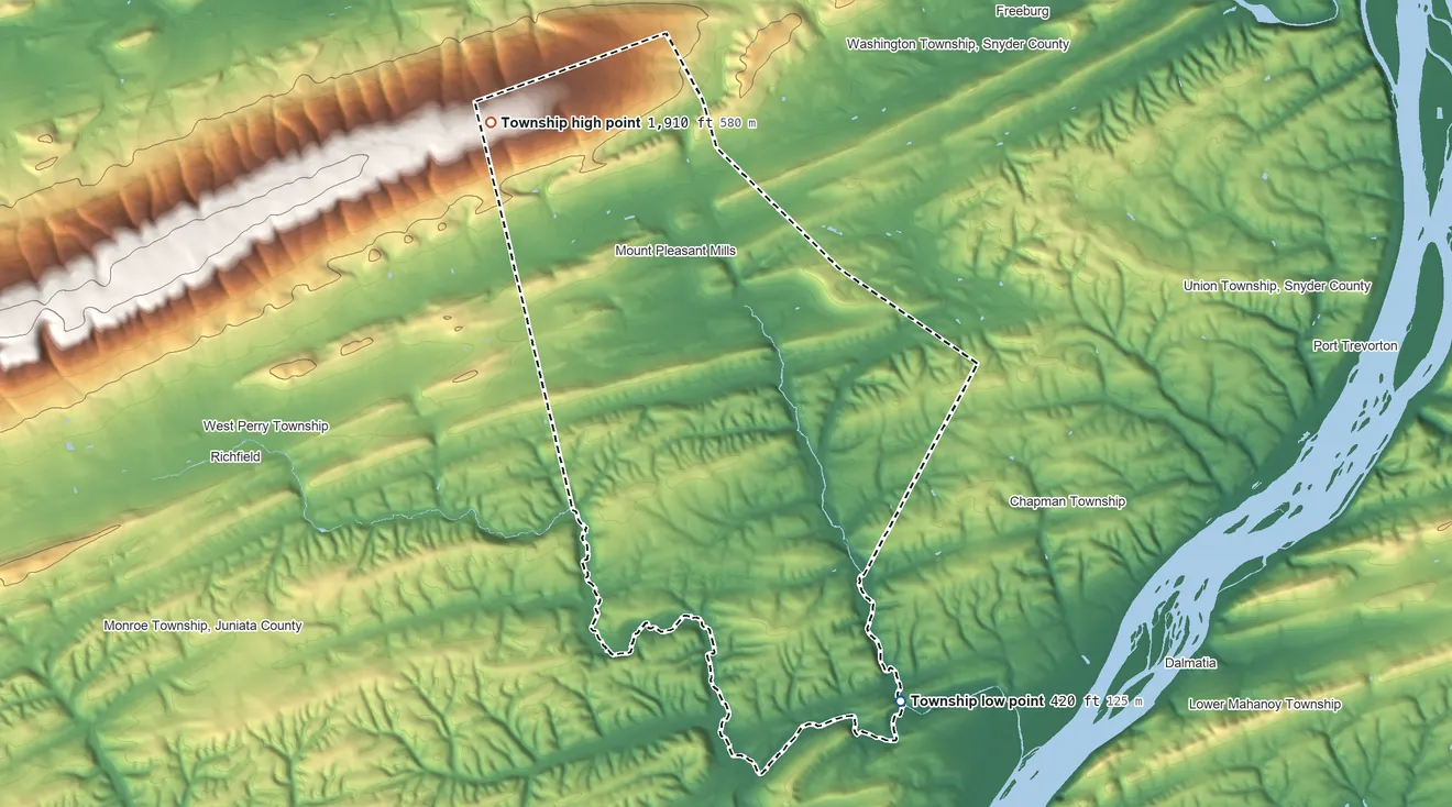 Topographic elevation map of Perry Township, Snyder County, Pennsylvania, shaded from 420 ft on the southeast side to 1,910 ft on the northwest side