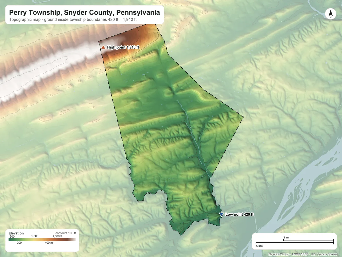 Topographic elevation map of Perry Township, Snyder County, Pennsylvania, shaded from 420 ft on the southeast side to 1,910 ft on the northwest side