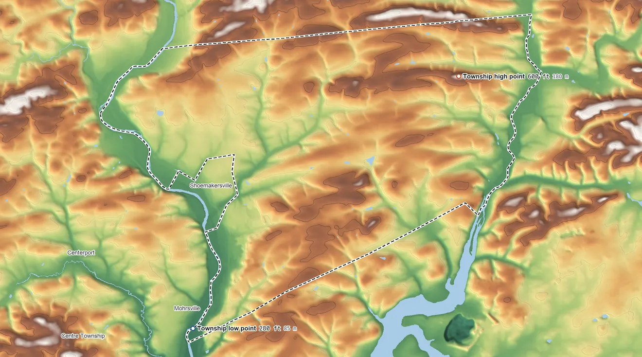 Topographic elevation map of Perry Township, Pennsylvania, shaded from 280 ft on the southwest side to 600 ft on the northeast side