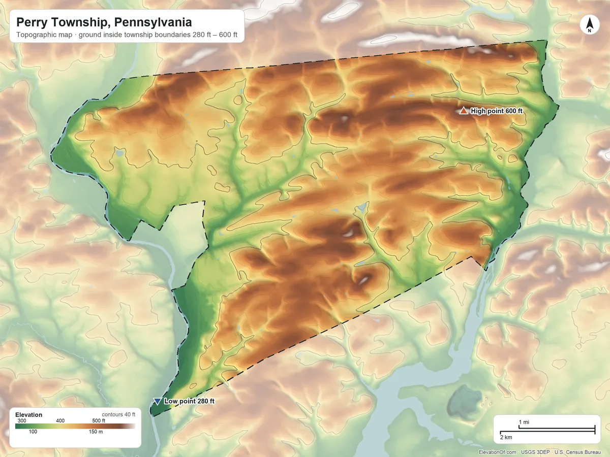 Topographic elevation map of Perry Township, Pennsylvania, shaded from 280 ft on the southwest side to 600 ft on the northeast side