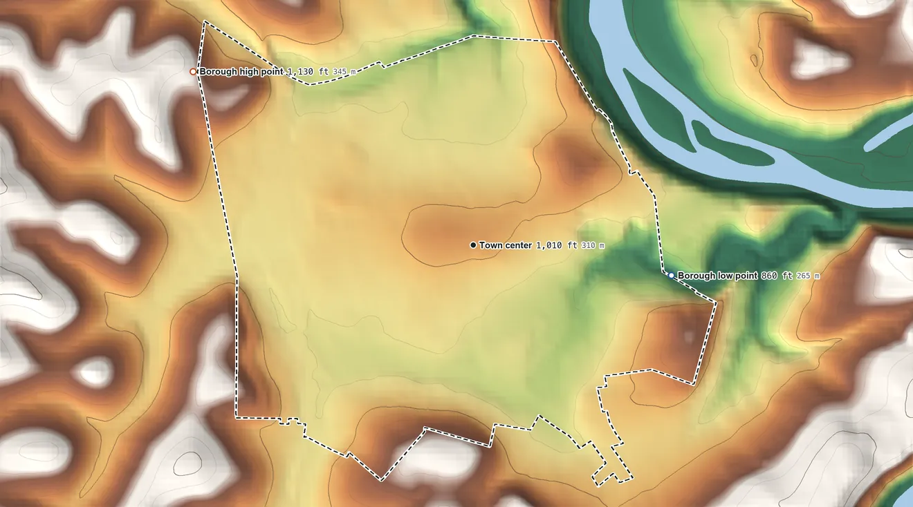 Topographic elevation map of Perryopolis, Pennsylvania, shaded from 860 ft on the east side to 1,130 ft on the northwest side