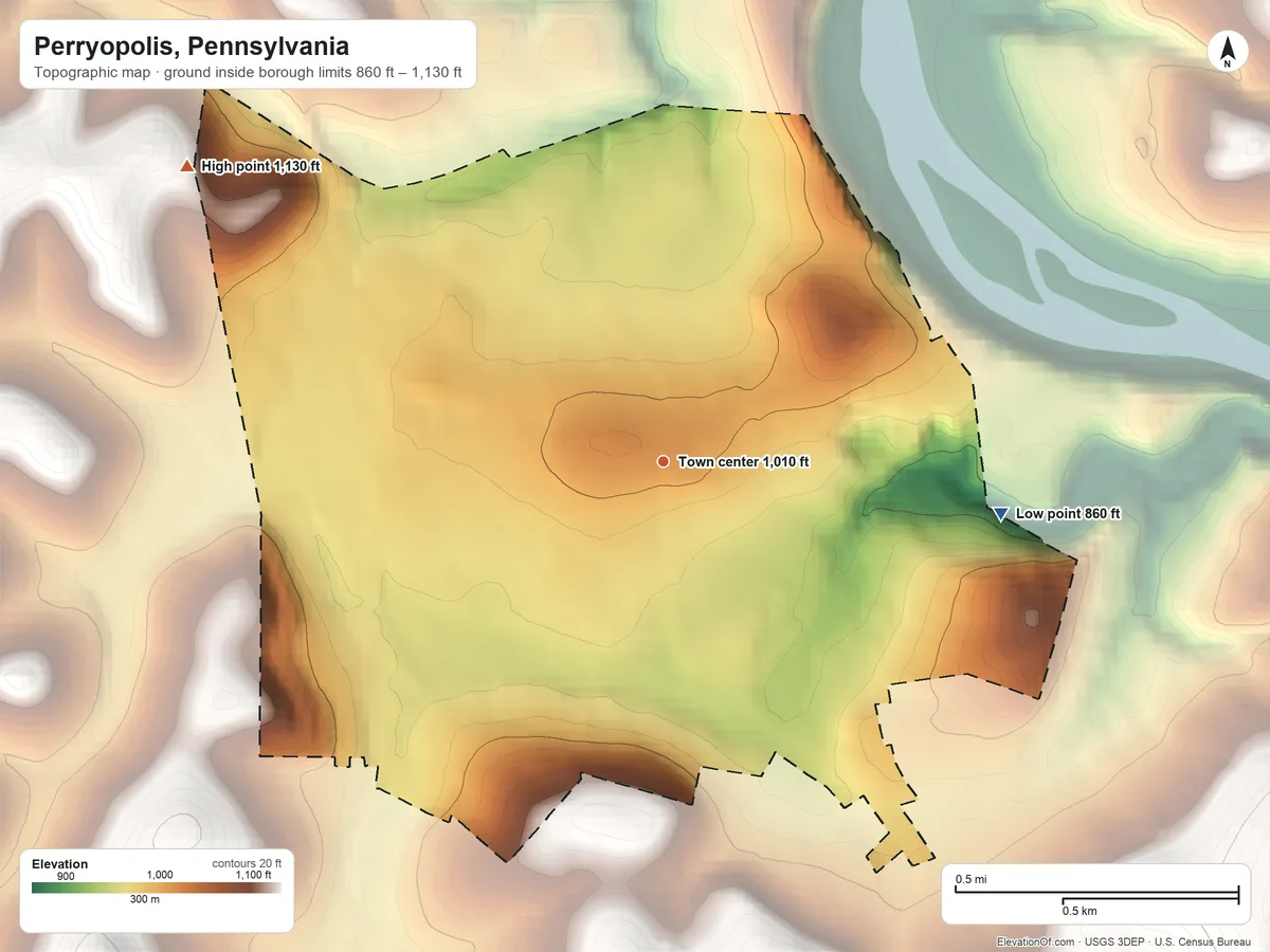 Topographic elevation map of Perryopolis, Pennsylvania, shaded from 860 ft on the east side to 1,130 ft on the northwest side
