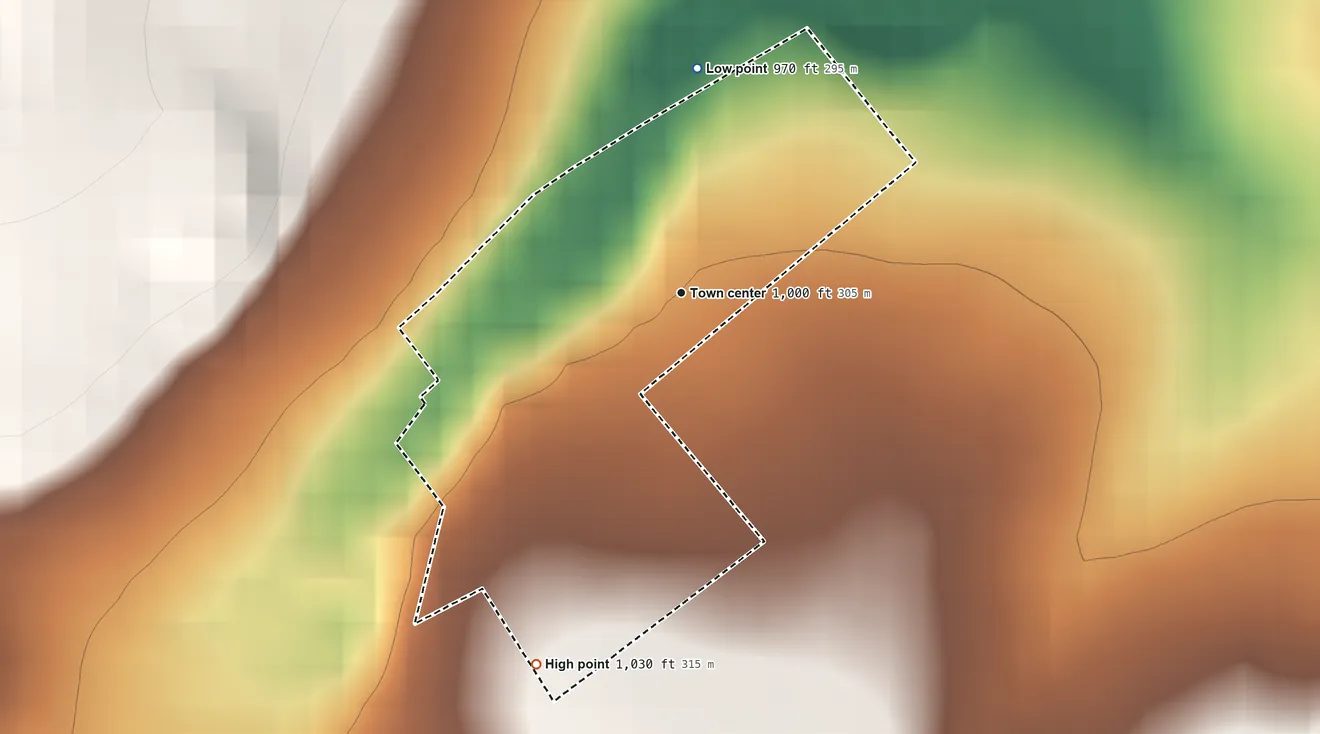 Topographic elevation map of Peru, Pennsylvania, shaded from 970 ft on the north side to 1,030 ft on the south edge, below higher ground just outside