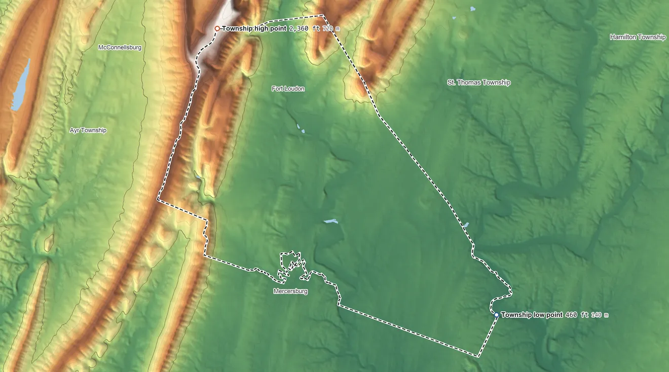 Topographic elevation map of Peters Township, Franklin County, Pennsylvania, shaded from 460 ft on the southeast side to 2,360 ft on the northwest side