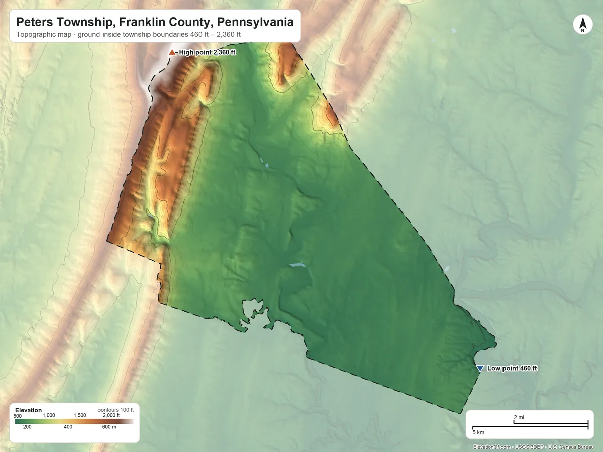 Topographic elevation map of Peters Township, Franklin County, Pennsylvania, shaded from 460 ft on the southeast side to 2,360 ft on the northwest side