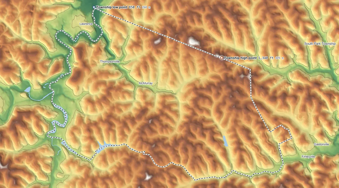 Topographic elevation map of Peters Township, Pennsylvania, shaded from 850 ft on the northwest side to 1,340 ft on the northeast side