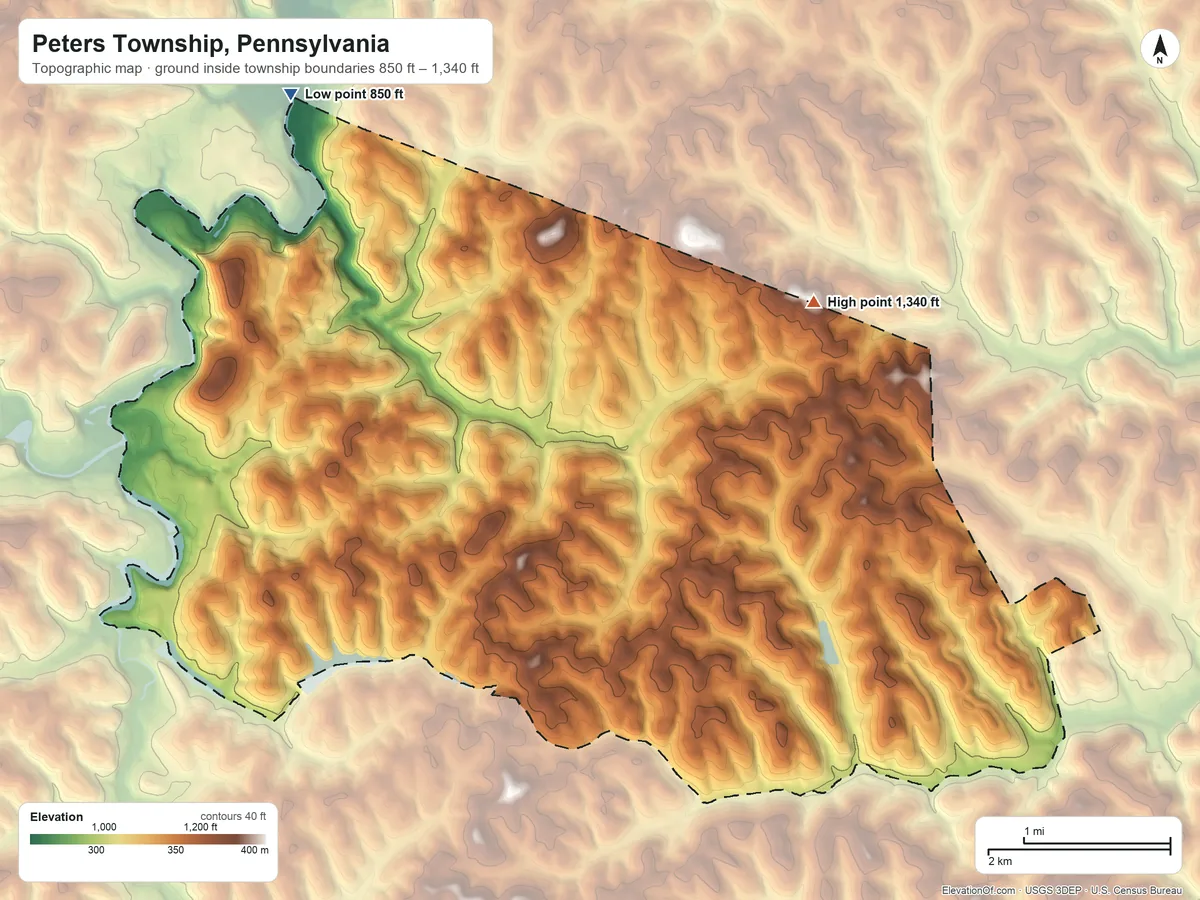 Topographic elevation map of Peters Township, Pennsylvania, shaded from 850 ft on the northwest side to 1,340 ft on the northeast side