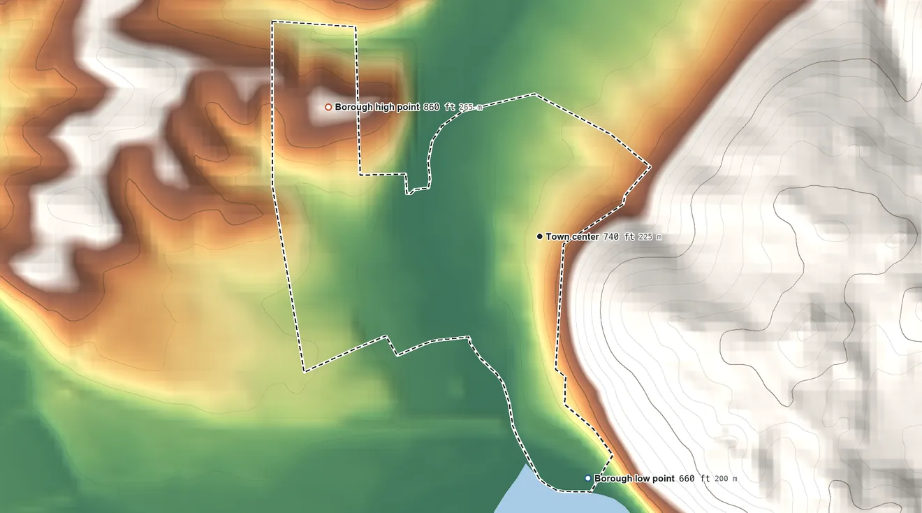 Topographic elevation map of Petersburg, Pennsylvania, shaded from 660 ft on the south side to 860 ft on the northwest edge, below higher ground just outside