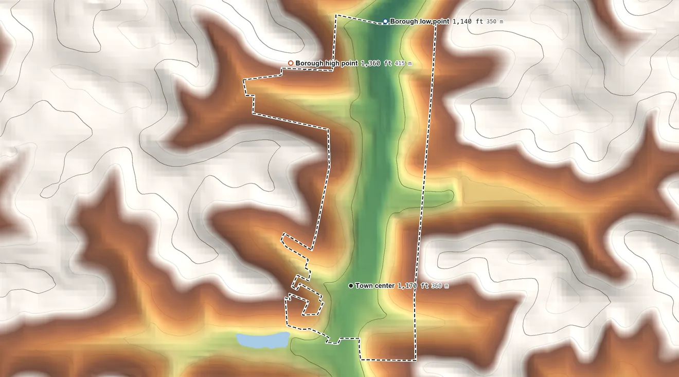 Topographic elevation map of Petrolia, Pennsylvania, shaded from 1,140 ft on the north side to 1,360 ft on the north side