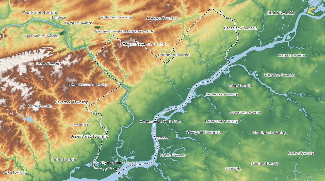 Topographic elevation map of Philadelphia, Pennsylvania, shaded from 0 ft on the southwest side to 450 ft on the north side