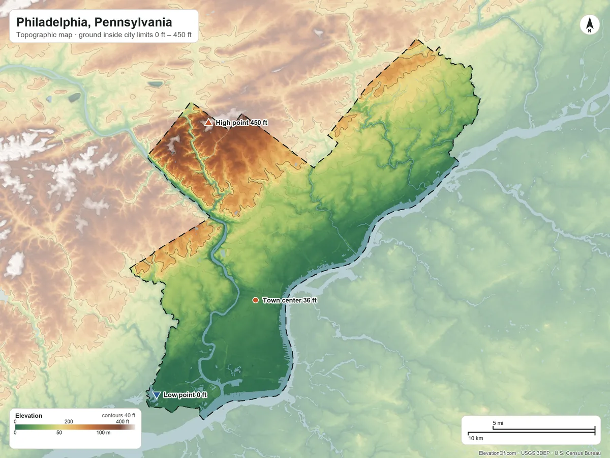 Topographic elevation map of Philadelphia, Pennsylvania, shaded from 0 ft on the southwest side to 450 ft on the north side