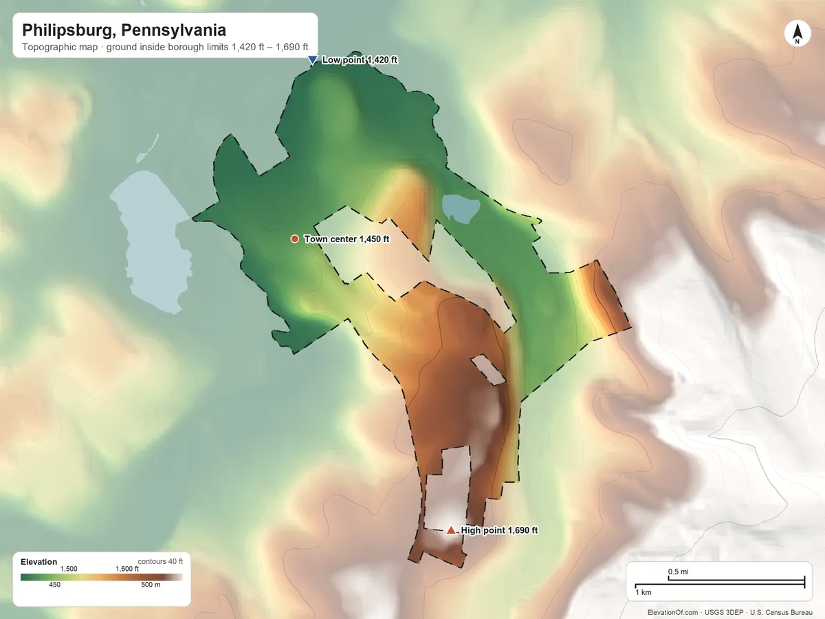 Topographic elevation map of Philipsburg, Pennsylvania, shaded from 1,420 ft on the north side to 1,690 ft on the southeast side