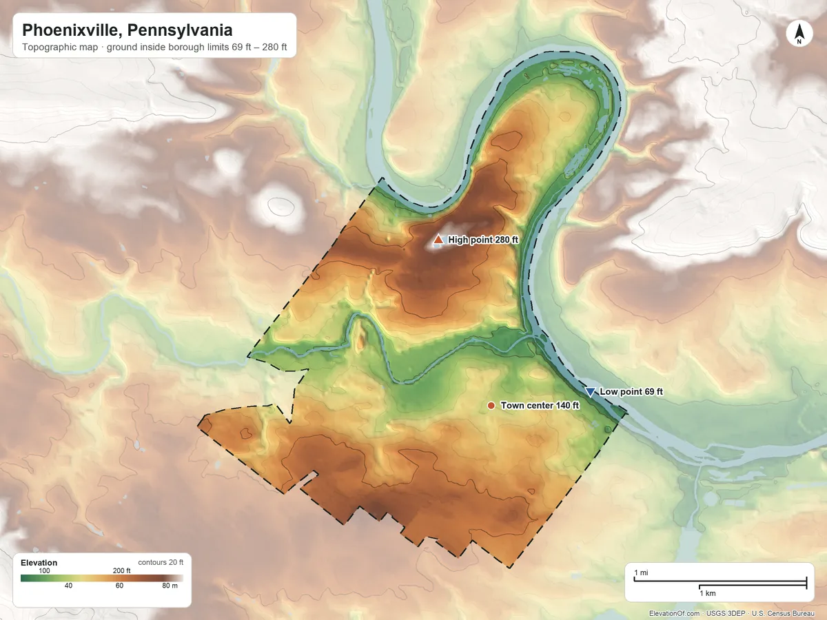 Topographic elevation map of Phoenixville, Pennsylvania, shaded from 69 ft on the east side to 280 ft on the north side