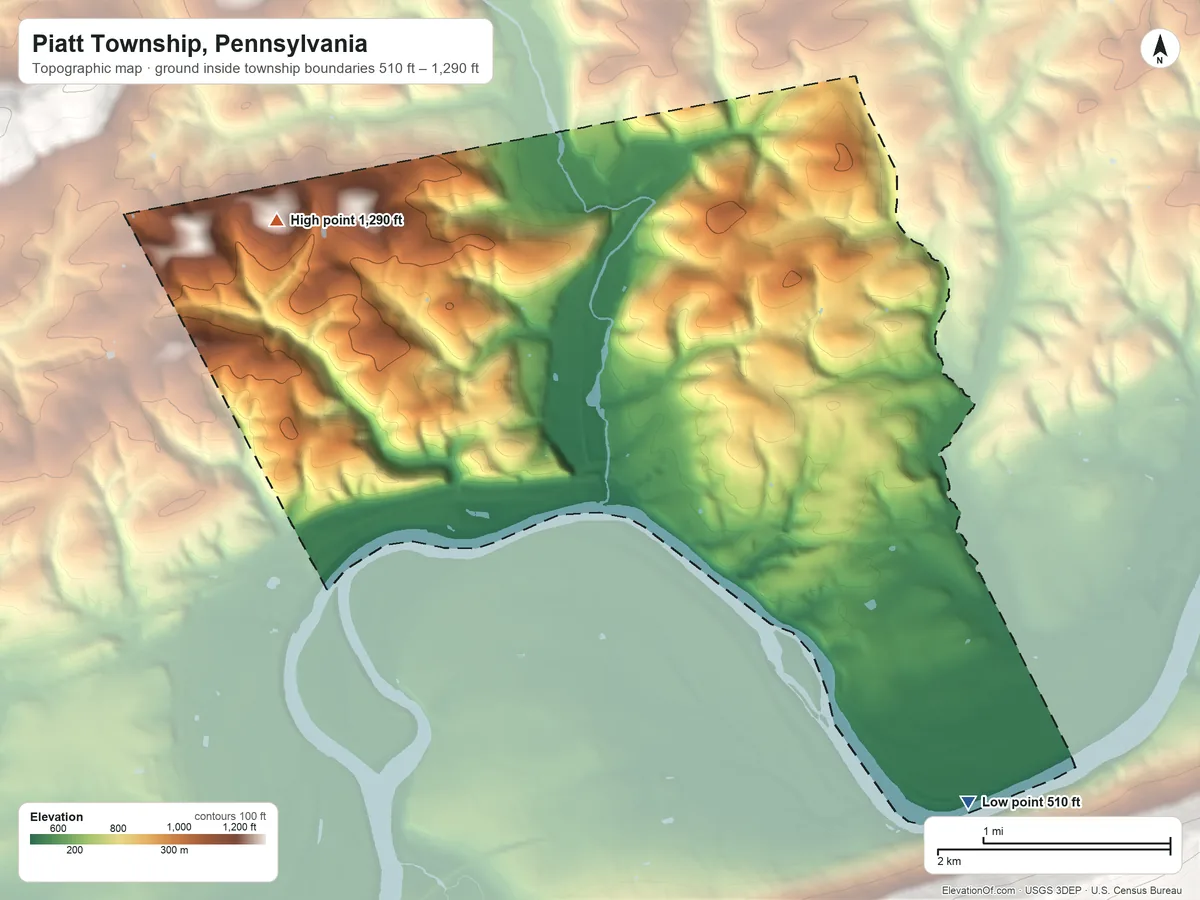 Topographic elevation map of Piatt Township, Pennsylvania, shaded from 510 ft on the southeast side to 1,290 ft on the northwest edge, below higher ground just outside