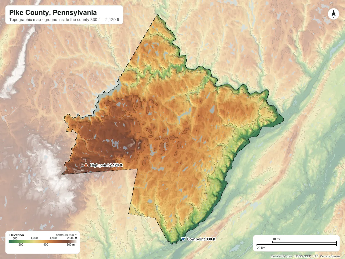 Topographic elevation map of Pike County, Pennsylvania, shaded from 330 ft on the south side to 2,120 ft on the west side