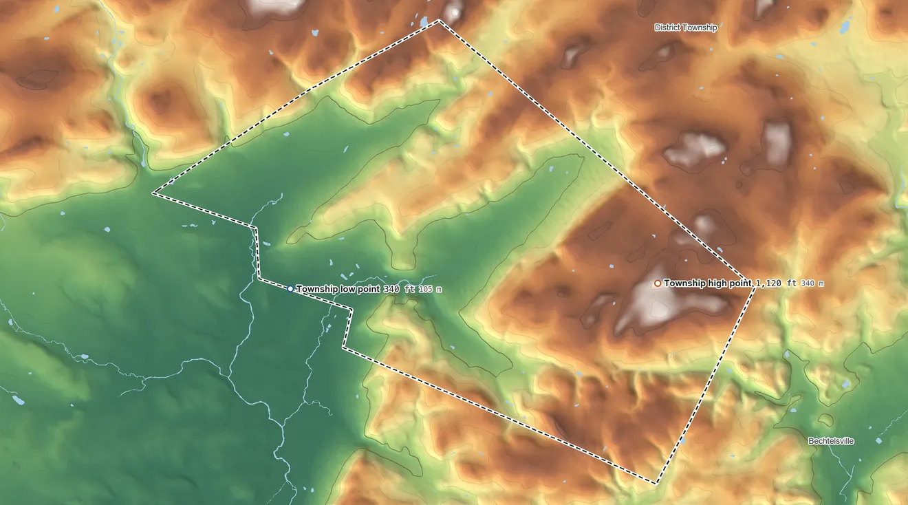 Topographic elevation map of Pike Township, Berks County, Pennsylvania, shaded from 340 ft on the west side to 1,120 ft on the southeast side