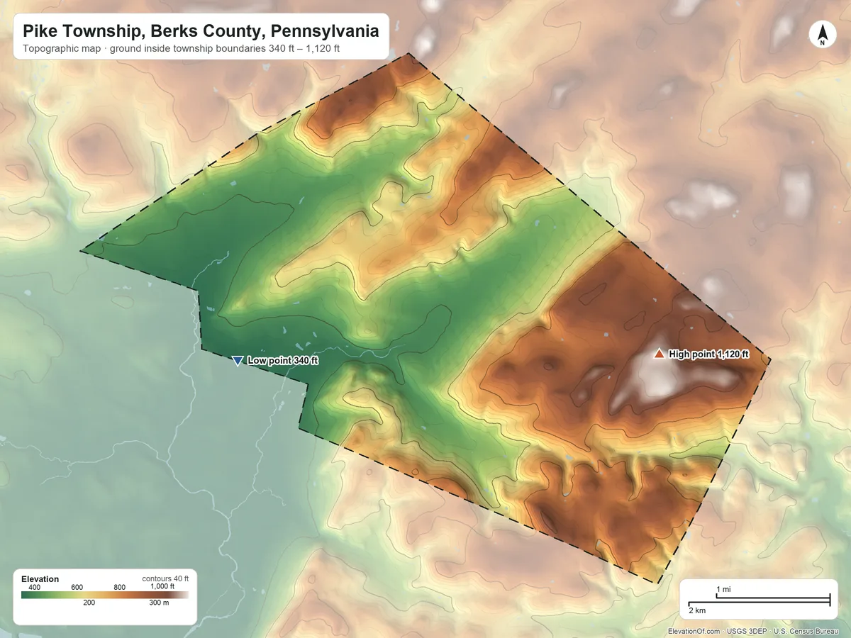 Topographic elevation map of Pike Township, Berks County, Pennsylvania, shaded from 340 ft on the west side to 1,120 ft on the southeast side