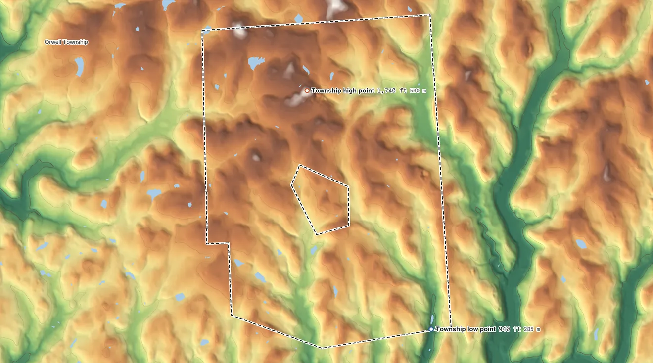 Topographic elevation map of Pike Township, Bradford County, Pennsylvania, shaded from 940 ft on the southeast side to 1,740 ft on the north side