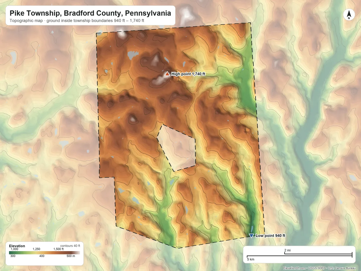 Topographic elevation map of Pike Township, Bradford County, Pennsylvania, shaded from 940 ft on the southeast side to 1,740 ft on the north side