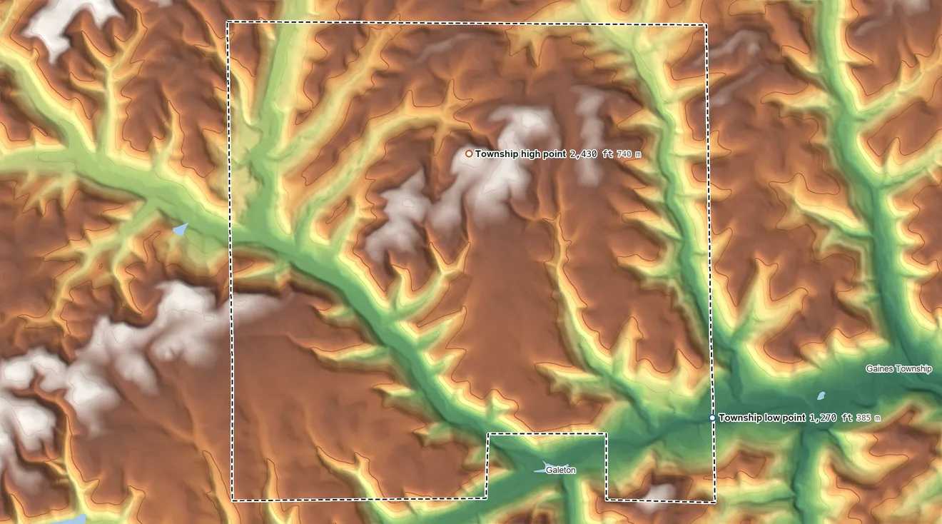 Topographic elevation map of Pike Township, Potter County, Pennsylvania, shaded from 1,270 ft on the southeast side to 2,430 ft on the northwest side