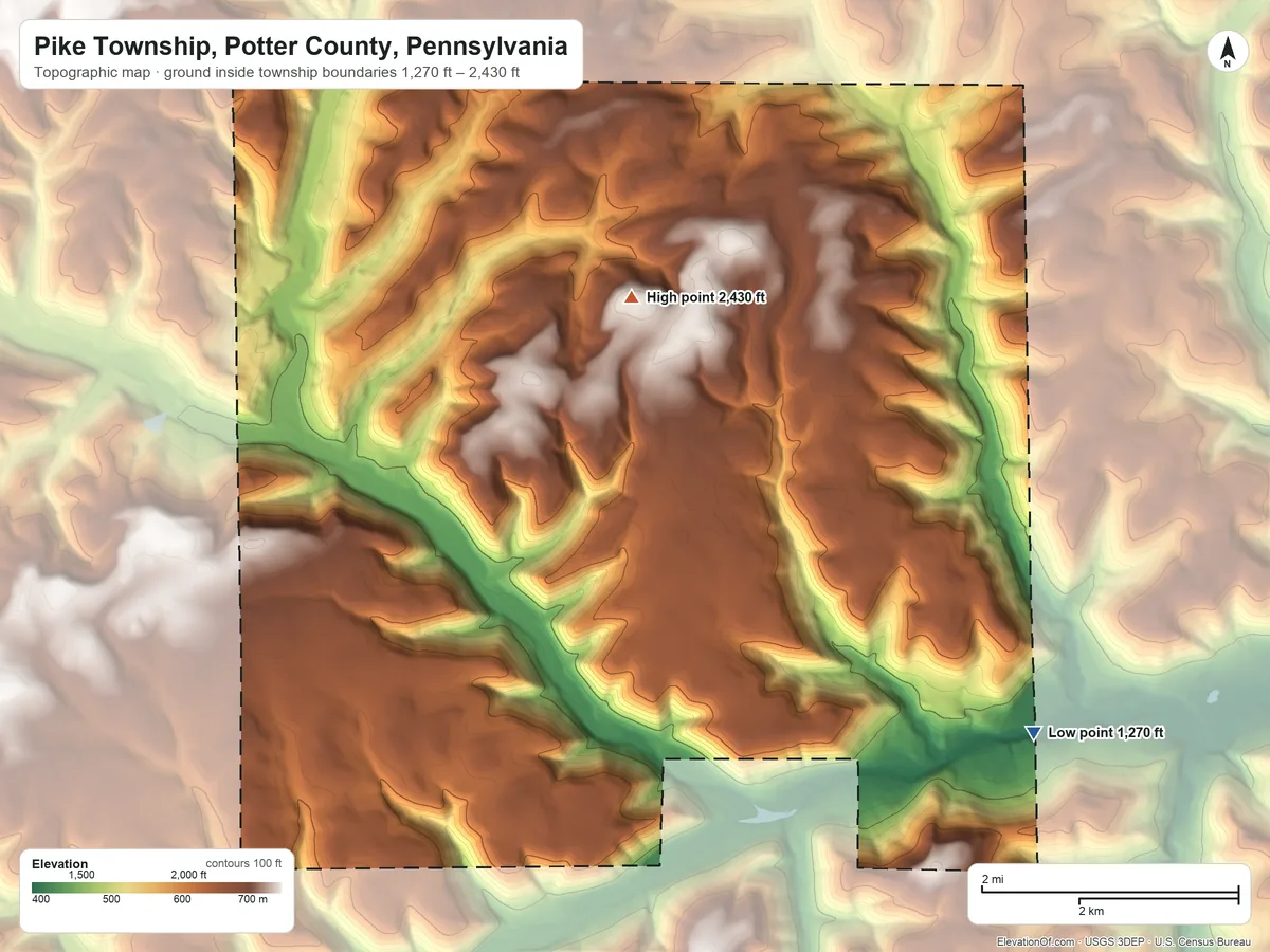 Topographic elevation map of Pike Township, Potter County, Pennsylvania, shaded from 1,270 ft on the southeast side to 2,430 ft on the northwest side
