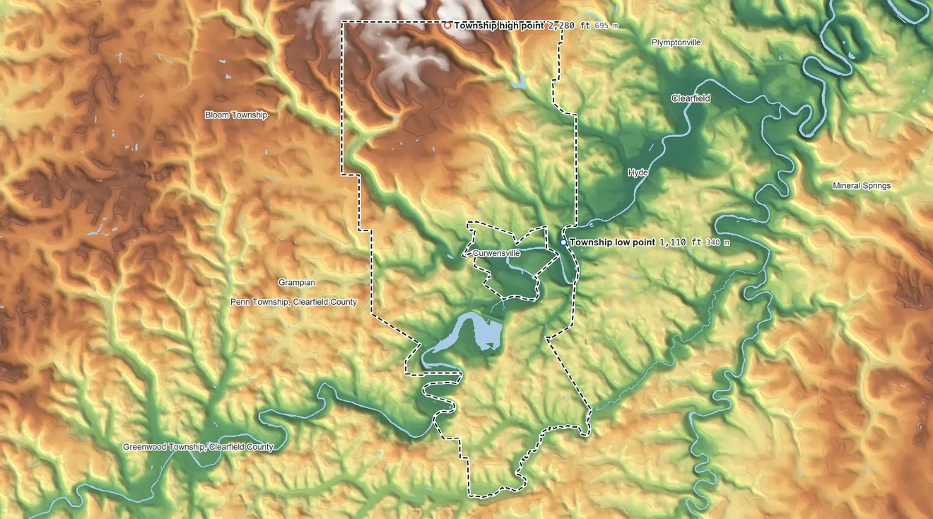 Topographic elevation map of Pike Township, Pennsylvania, shaded from 1,110 ft on the east side to 2,280 ft on the north side