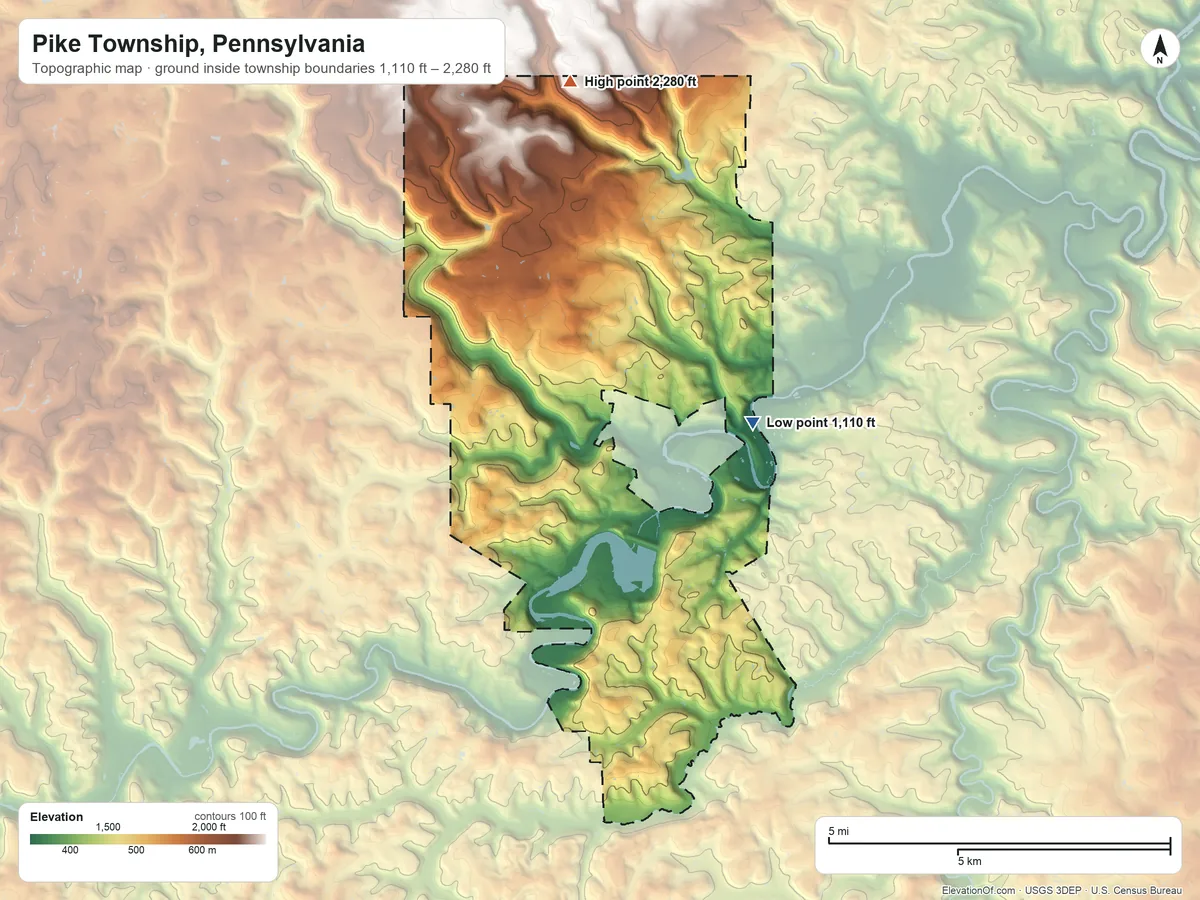 Topographic elevation map of Pike Township, Pennsylvania, shaded from 1,110 ft on the east side to 2,280 ft on the north side