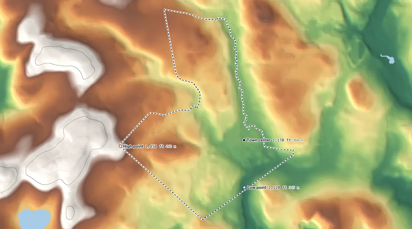 Topographic elevation map of Pikes Creek, Pennsylvania, shaded from 1,120 ft on the south side to 1,450 ft on the west side