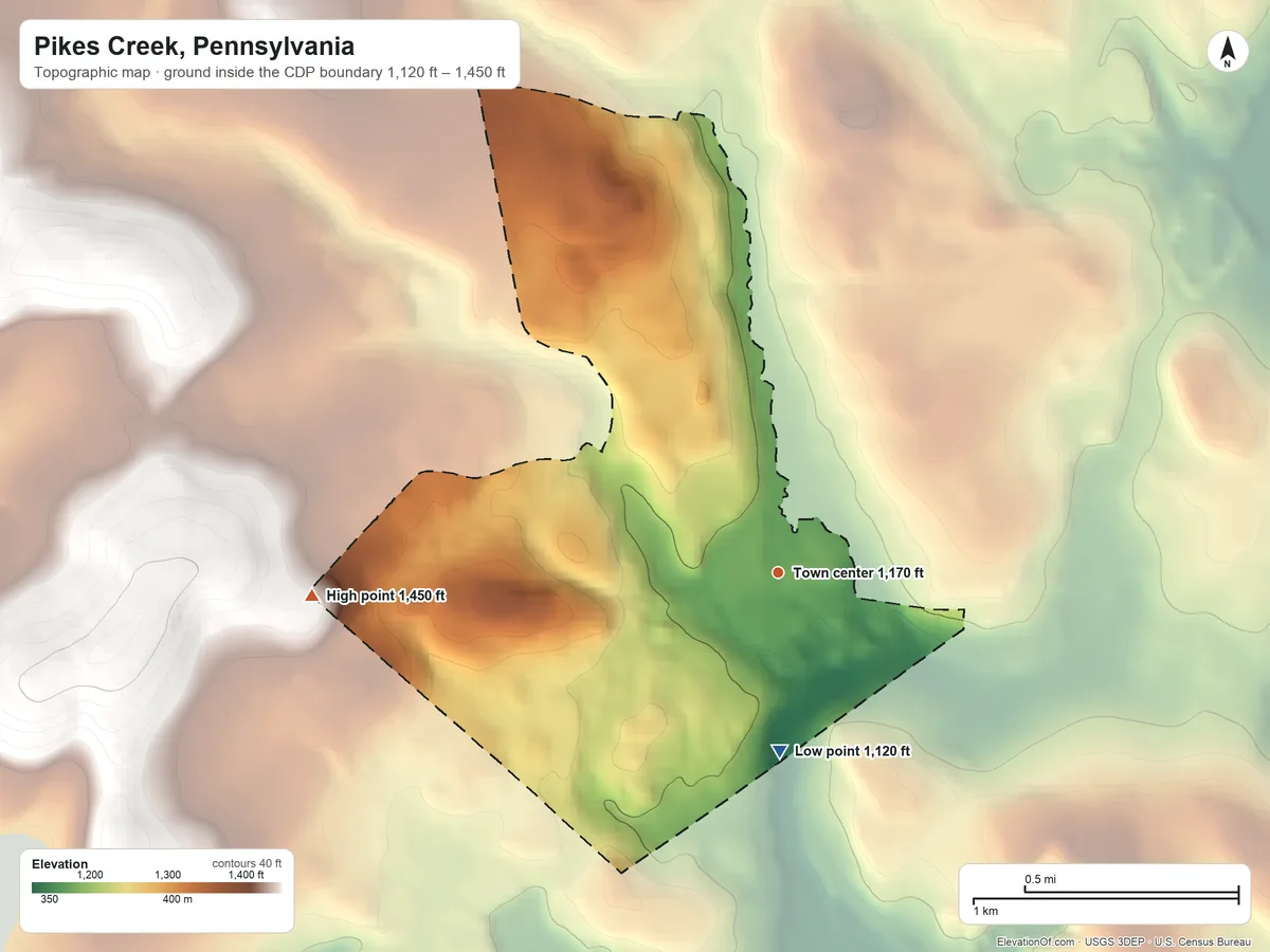 Topographic elevation map of Pikes Creek, Pennsylvania, shaded from 1,120 ft on the south side to 1,450 ft on the west side