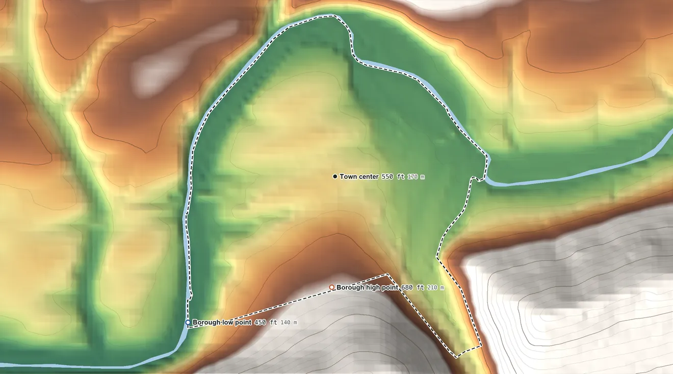 Topographic elevation map of Pillow, Pennsylvania, shaded from 450 ft on the southwest side to 680 ft on the south edge, below higher ground just outside