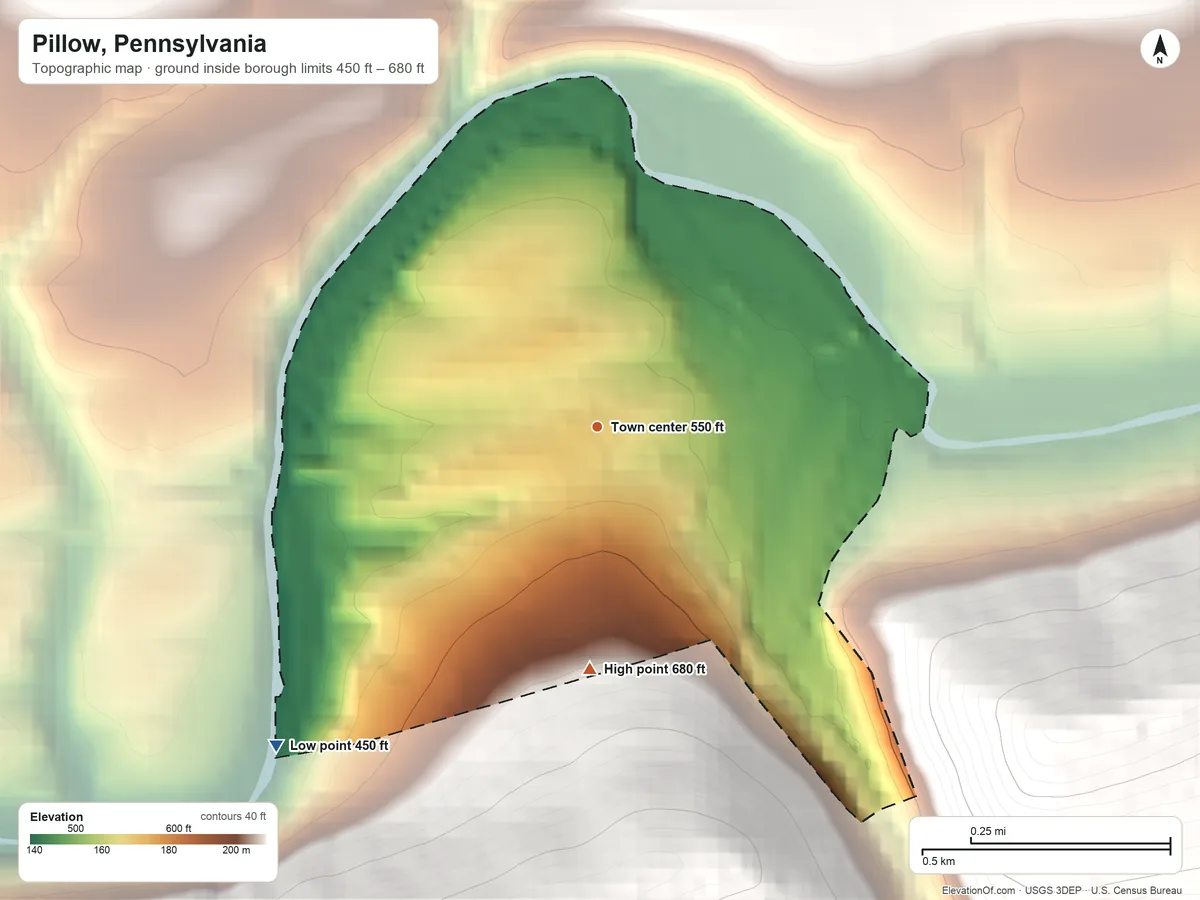 Topographic elevation map of Pillow, Pennsylvania, shaded from 450 ft on the southwest side to 680 ft on the south edge, below higher ground just outside