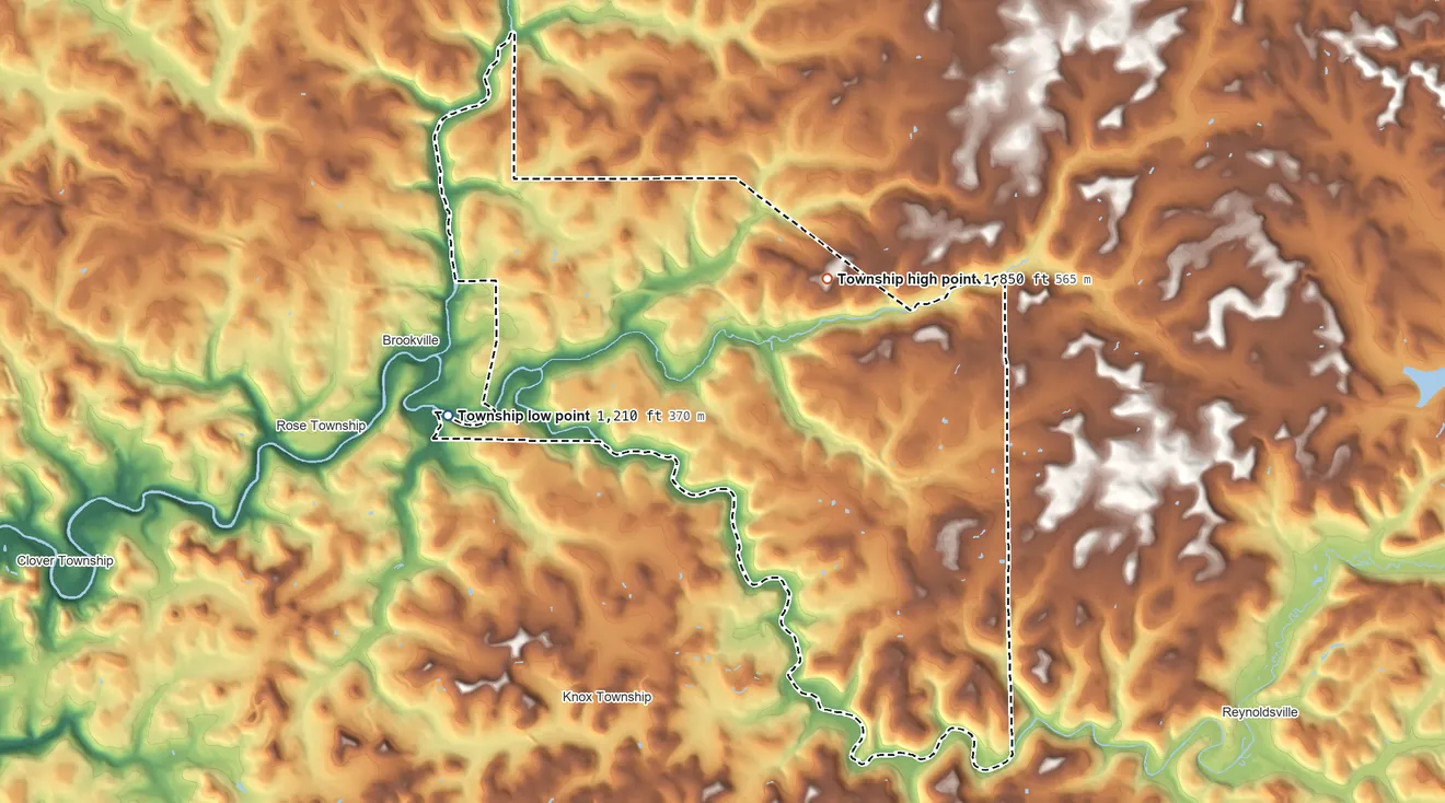 Topographic elevation map of Pine Creek Township, Jefferson County, Pennsylvania, shaded from 1,210 ft on the west side to 1,850 ft on the northeast side