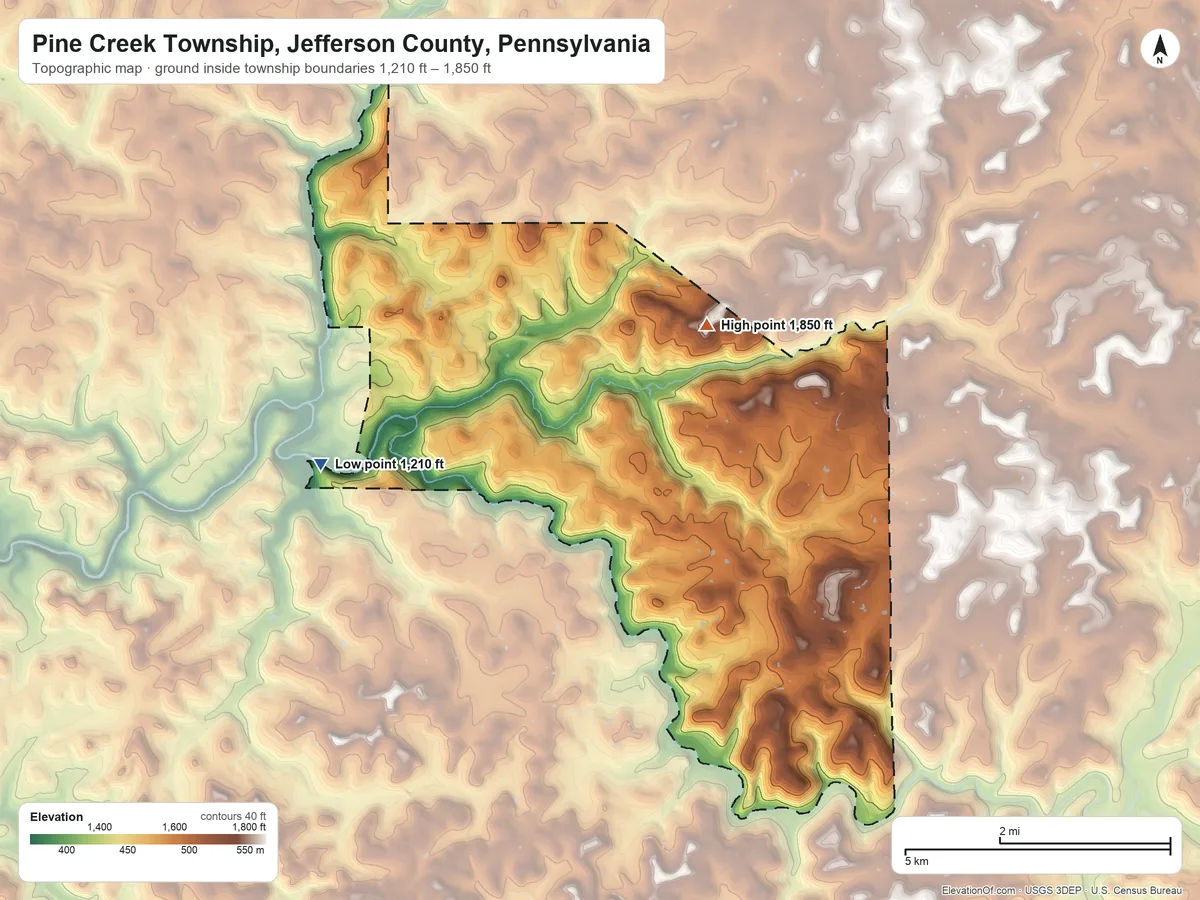 Topographic elevation map of Pine Creek Township, Jefferson County, Pennsylvania, shaded from 1,210 ft on the west side to 1,850 ft on the northeast side