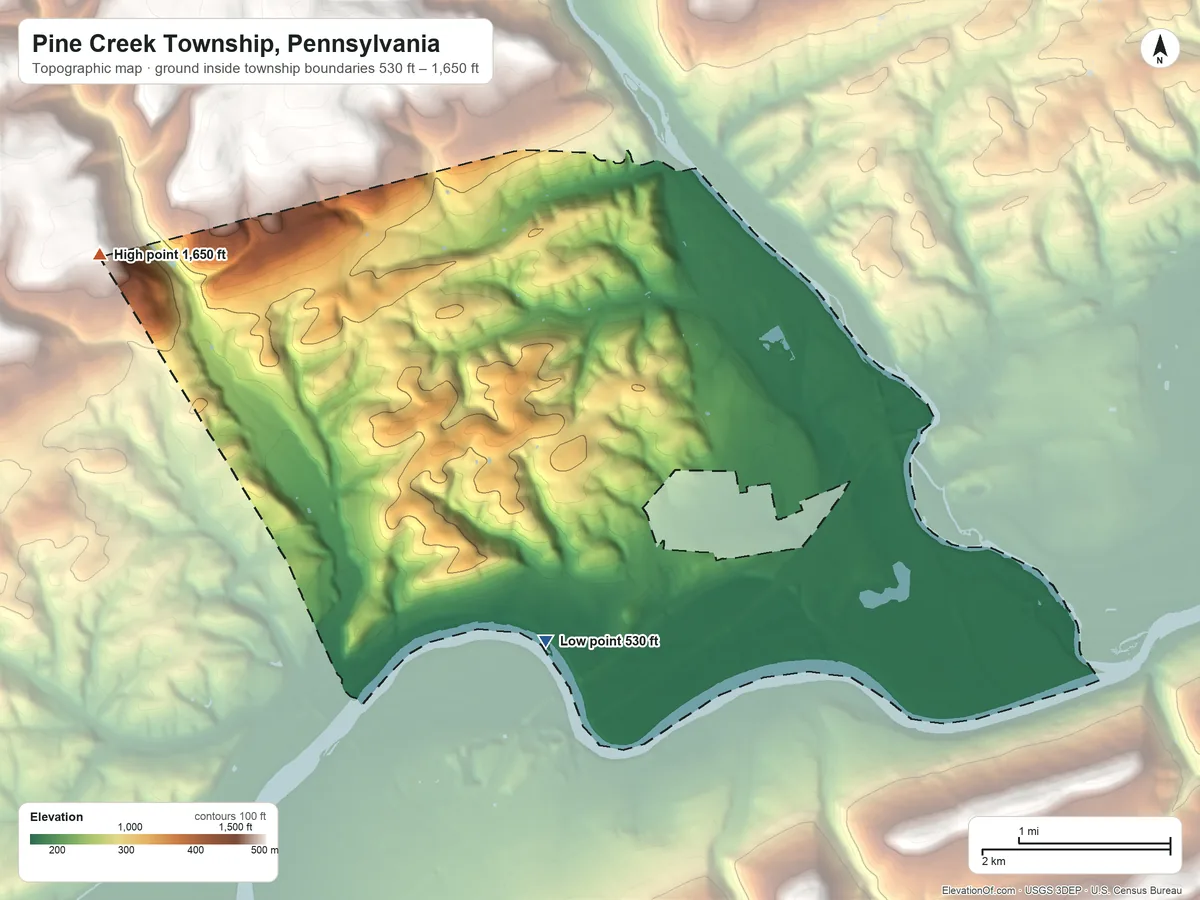 Topographic elevation map of Pine Creek Township, Pennsylvania, shaded from 530 ft on the south side to 1,650 ft on the west edge, below higher ground just outside