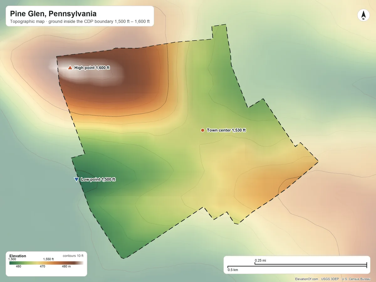 Topographic elevation map of Pine Glen, Pennsylvania, shaded from 1,500 ft on the west side to 1,600 ft on the northwest side